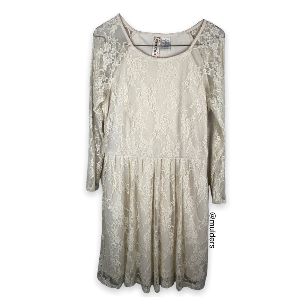 Mimi Chica White Floral Lace Pleated Dress with Sheer Sleeves Medium